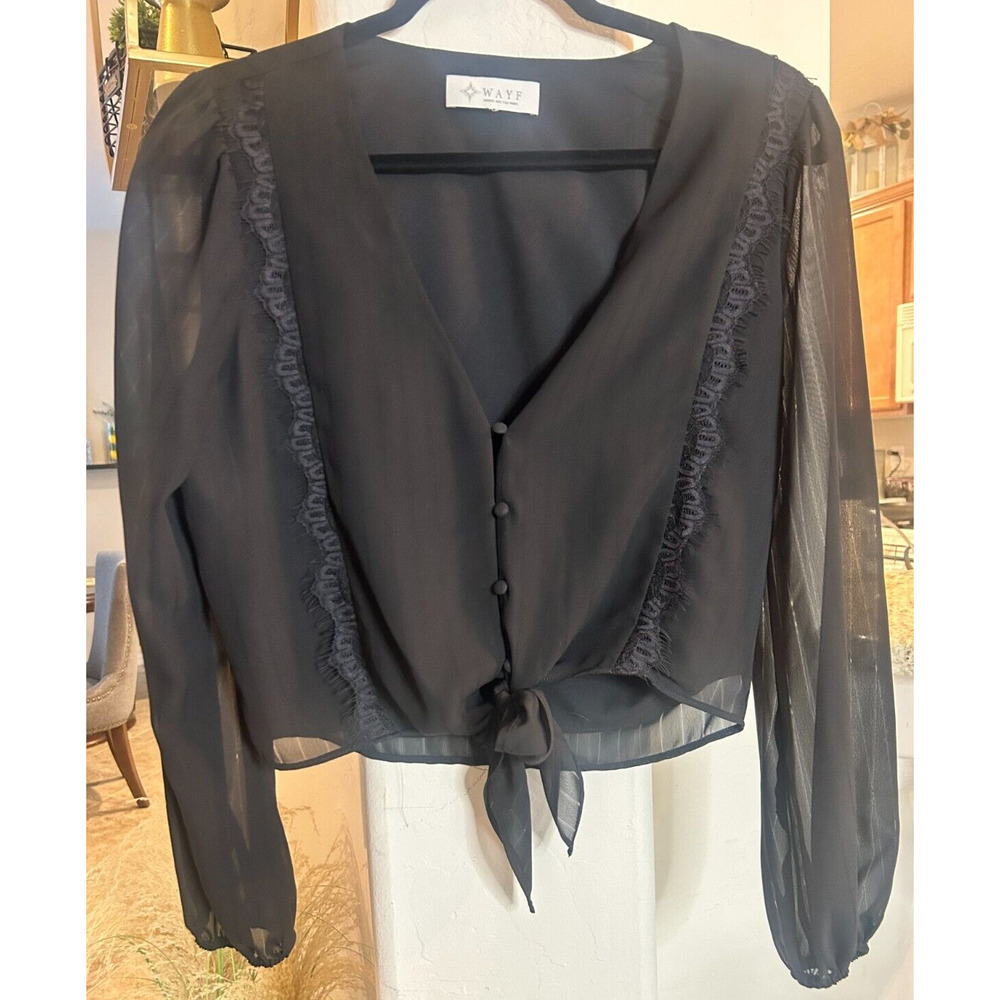 Wayf Black Chiffon Tie Front Cropped Blouse Size M Top 6-10